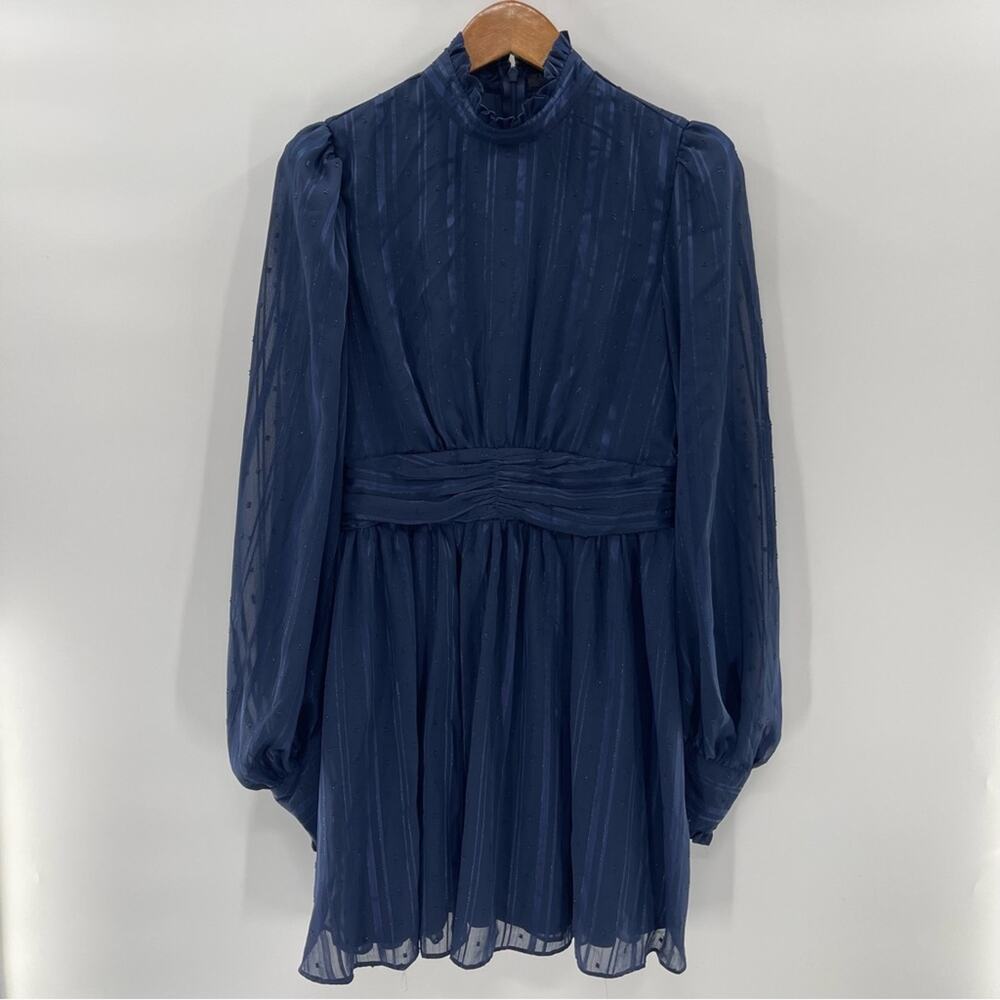 NWT AQUA Mock Neck Semi Sheer Navy Blue Mini Dress Medium Elegant Retro Whimsy - Picture 2 of 16
